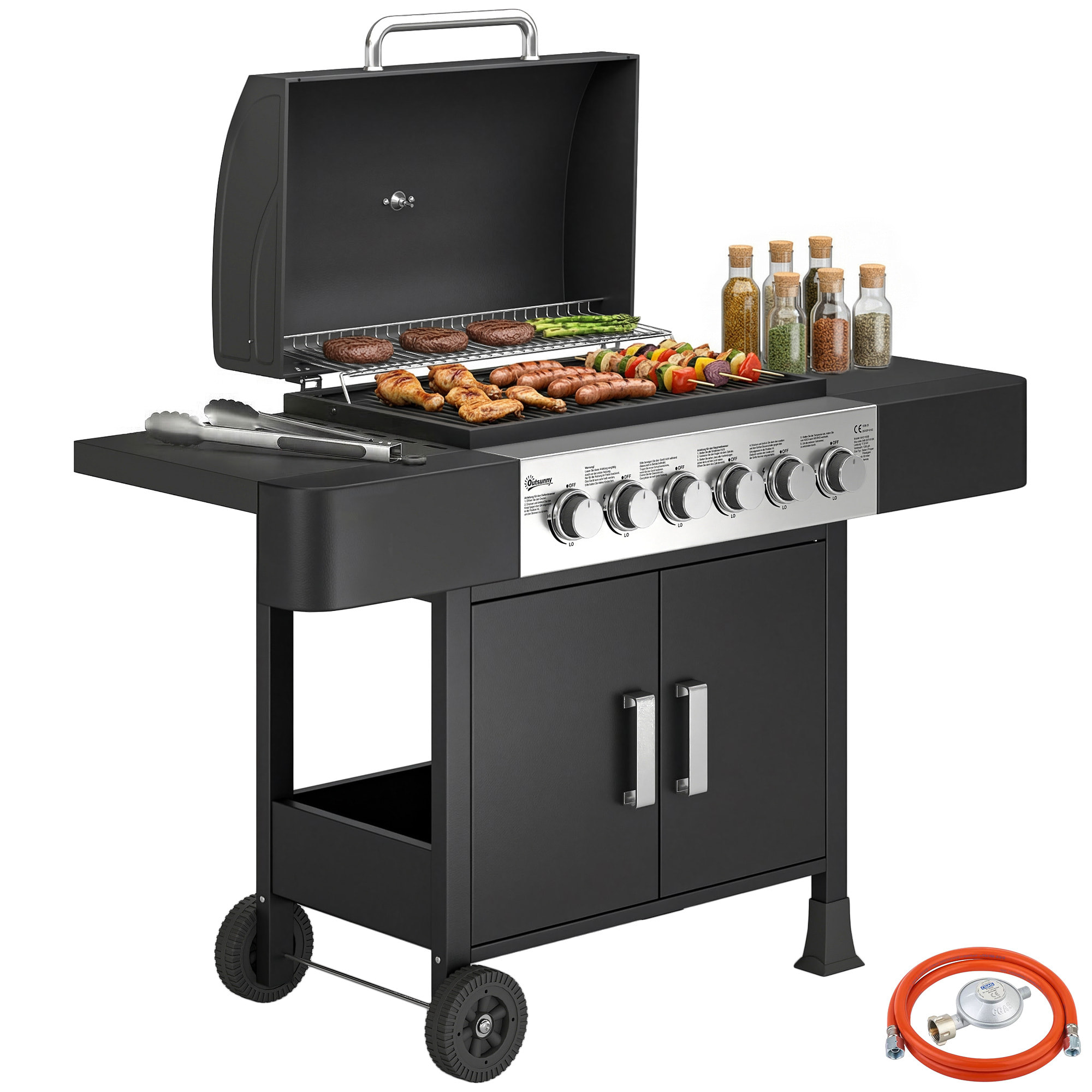 Barbacoa de Gas BBQ Gas con 6 Quemadores 15 kW Barbacoa Portátil con Termómetro Tapa 2 Mesas Laterales Armario Rejilla Calentadora Parrilla Recogedor Grasa Asa 2 Ruedas Negro