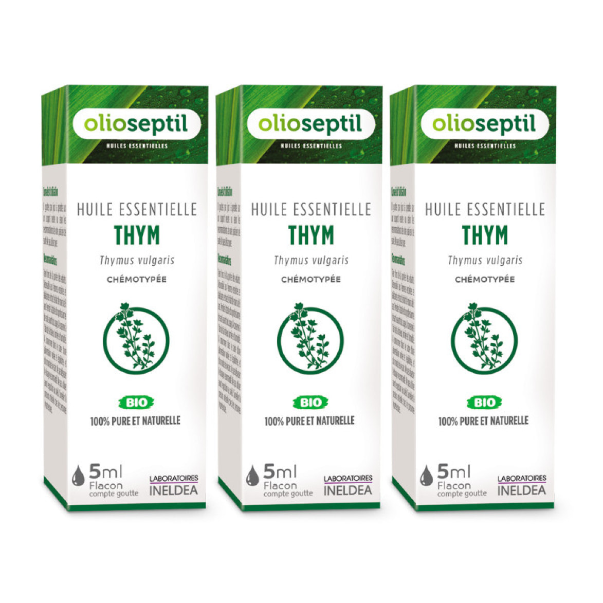 OLIOSEPTIL - Huile essentielle de Thym - 100% Pure et naturelle - BIO - HEBBD (biochimiquement et botaniquement définie) - 100% origine naturelle - Lot de 3 Flacons de 5 ml