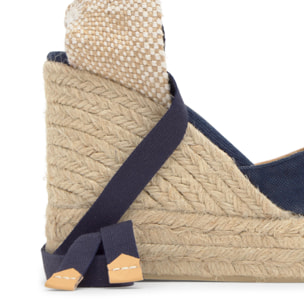 Alpargata con cuña 8 cm en lona de algodón con pala en v y cintas al tobillo