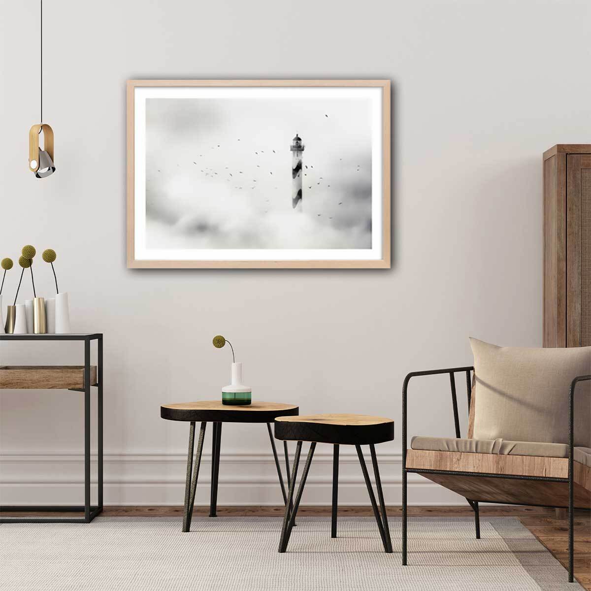 Affiche phare dans le brouillard Affiche + cadre en bois - Chêne