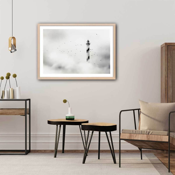 Affiche phare dans le brouillard Affiche + cadre en bois - Chêne