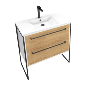 Meuble de salle de bain 80x50cm Blanc - 2 tiroirs chêne naturel - vasque blanche - STRUCTURA F023
