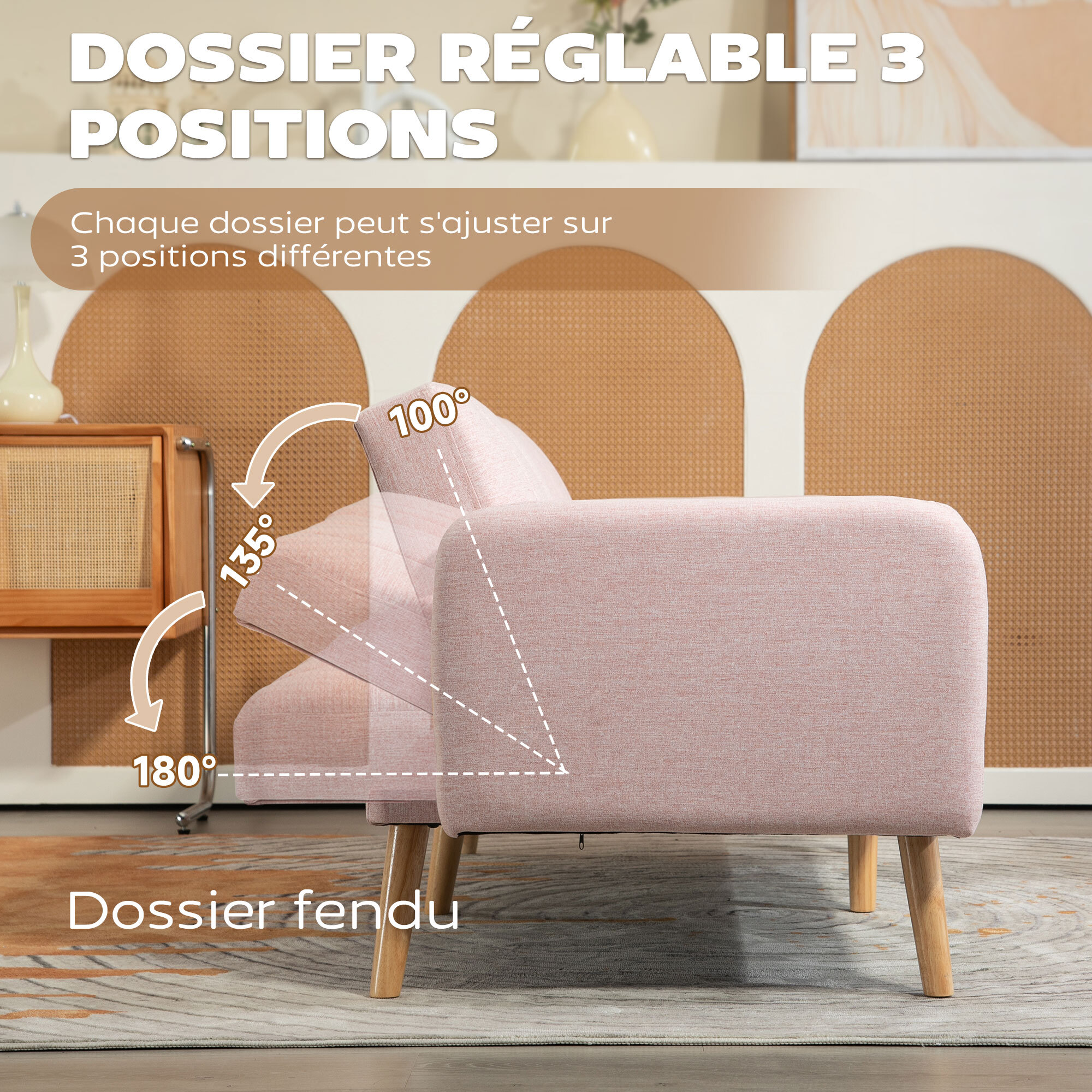 Canapé convertible 2 places design scandinave dossier inclinable 3 positions pieds bois tissu aspect lin rose