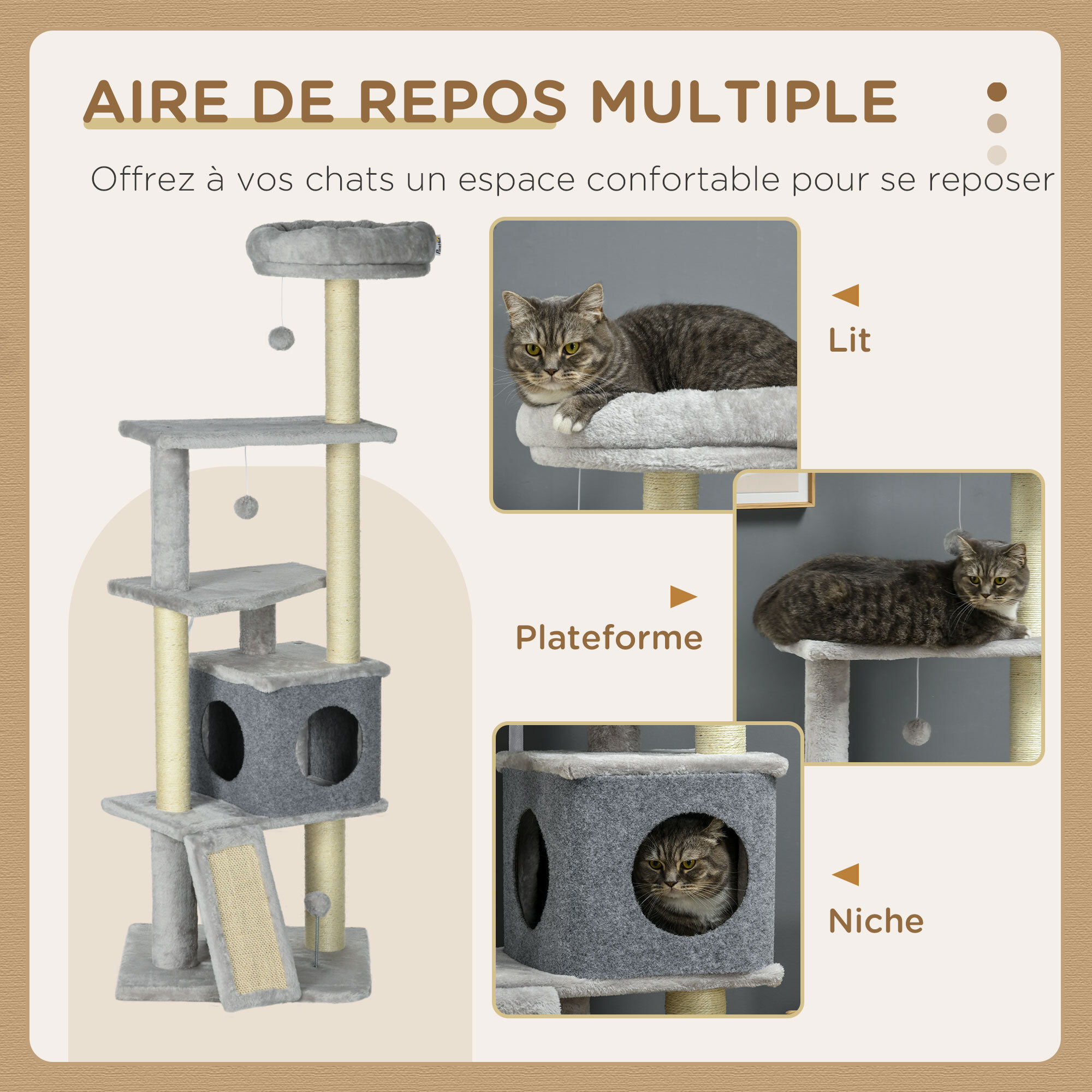 Arbre à chat multi-équipement griffoirs grattoirs plateformes niche panier jeu boules gris