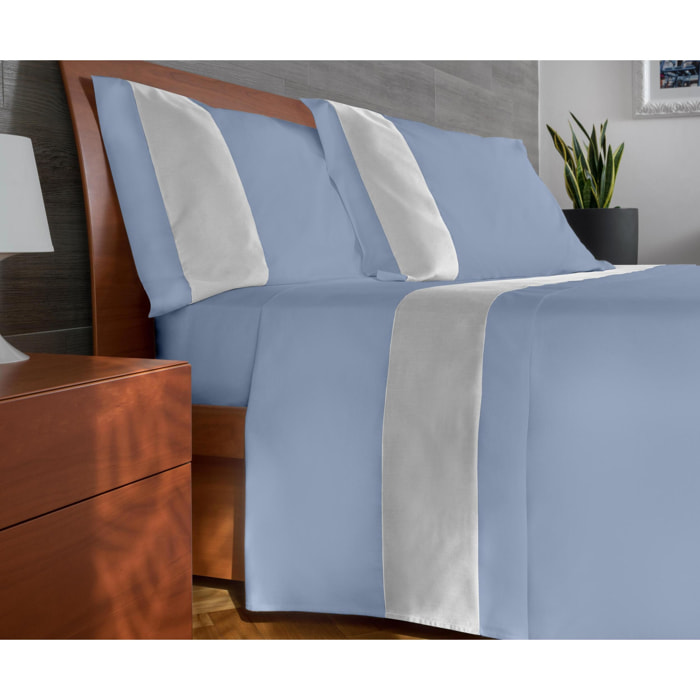 Completo letto bordo RASO IPERSAN Puro Cotone Bianco fondo Azzurro