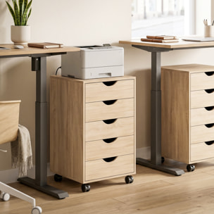 Caisson bureau 5 tiroirs mobile dim. 40x40x67cm effet bois clair