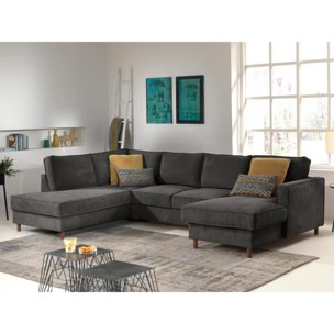 Jake - canapé panoramique d'angle gauche - convertible avec coffre - 7 places - en velours côtelé - Gris foncé