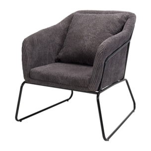 AGATHE - Fauteuil tissu velours cotelé gris anthracite pieds évasés métal