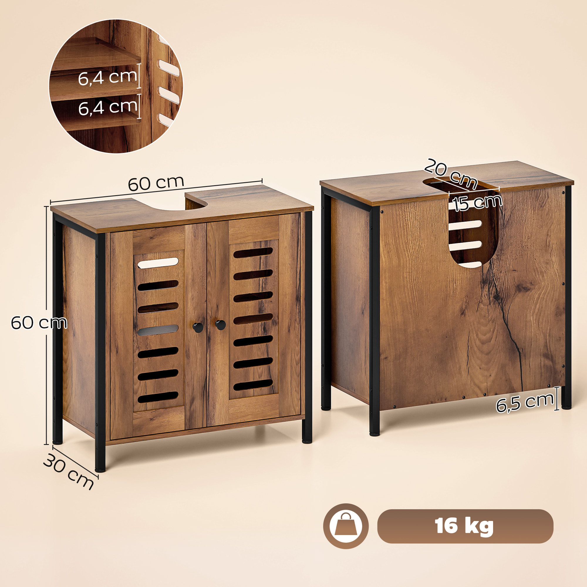 Mueble Bajo Lavabo, Mueble de Baño Industrial, 2 Puertas de Lamas con Cierre Magnético, Estante Ajustable, para Lavabos sin Pedestal, 60x30x60 cm, Marrón Rústico