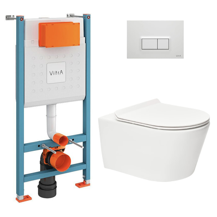 Pack WC Bâti-support Vitra V-Fix Core + WC sans bride SAT Brevis + Plaque, Blanc brillant (V-FixBrevis-1)