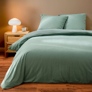 Parure de lit 3 pièces en velours côtelé uni housse + taies - Vert