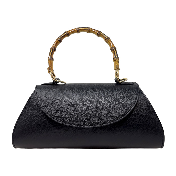 Borsa a Mano Elegante da Donna con Manico in Bambu in Pelle Martellata
