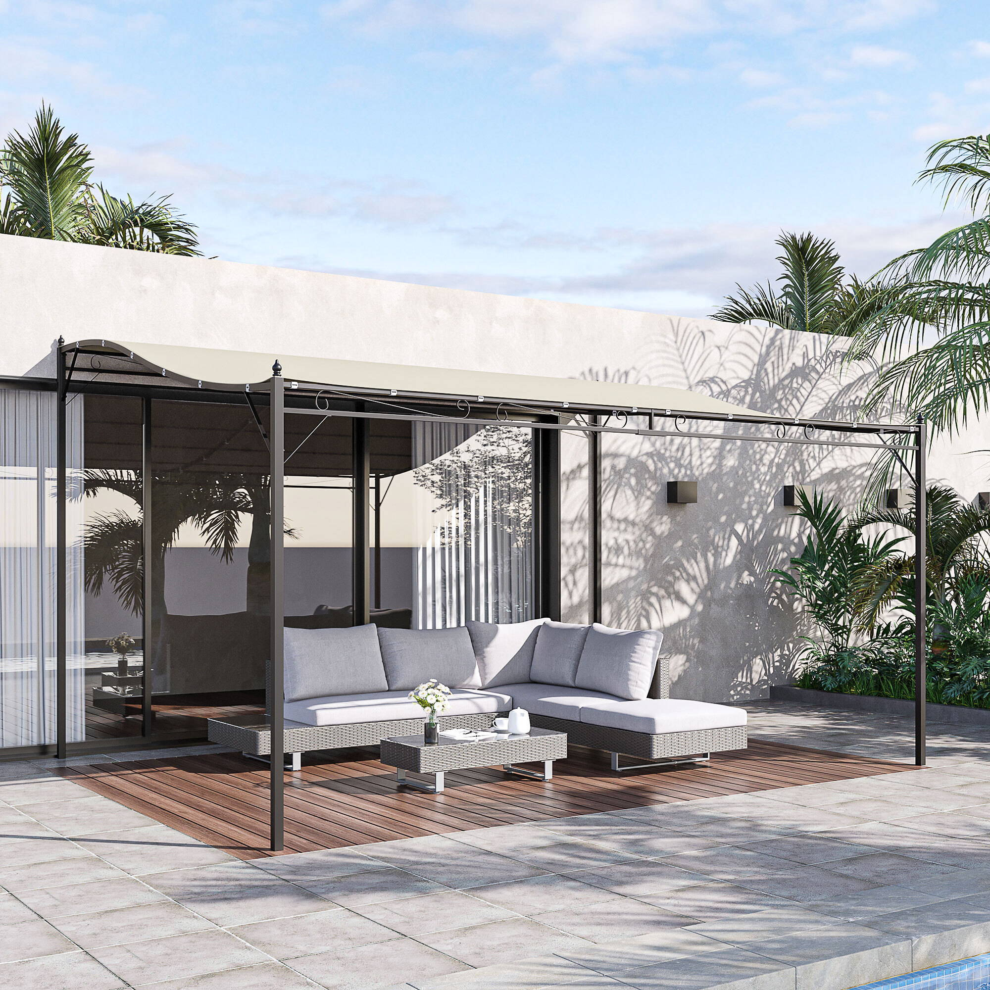 Outsunny Pérgola de Jardín 4x3 m Montado en Pared con Toldo y 4 Orificios Crema