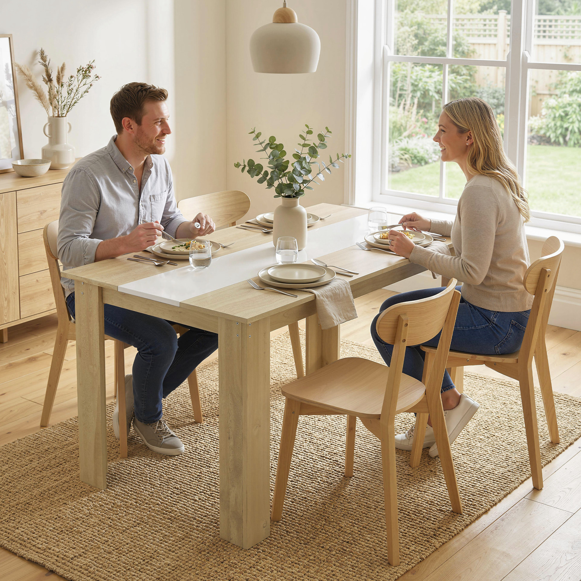 Table à manger grand plateau 4-6 personnes - dim. 120L x 69l x 75H cm - aspect bois chêne clair blanc