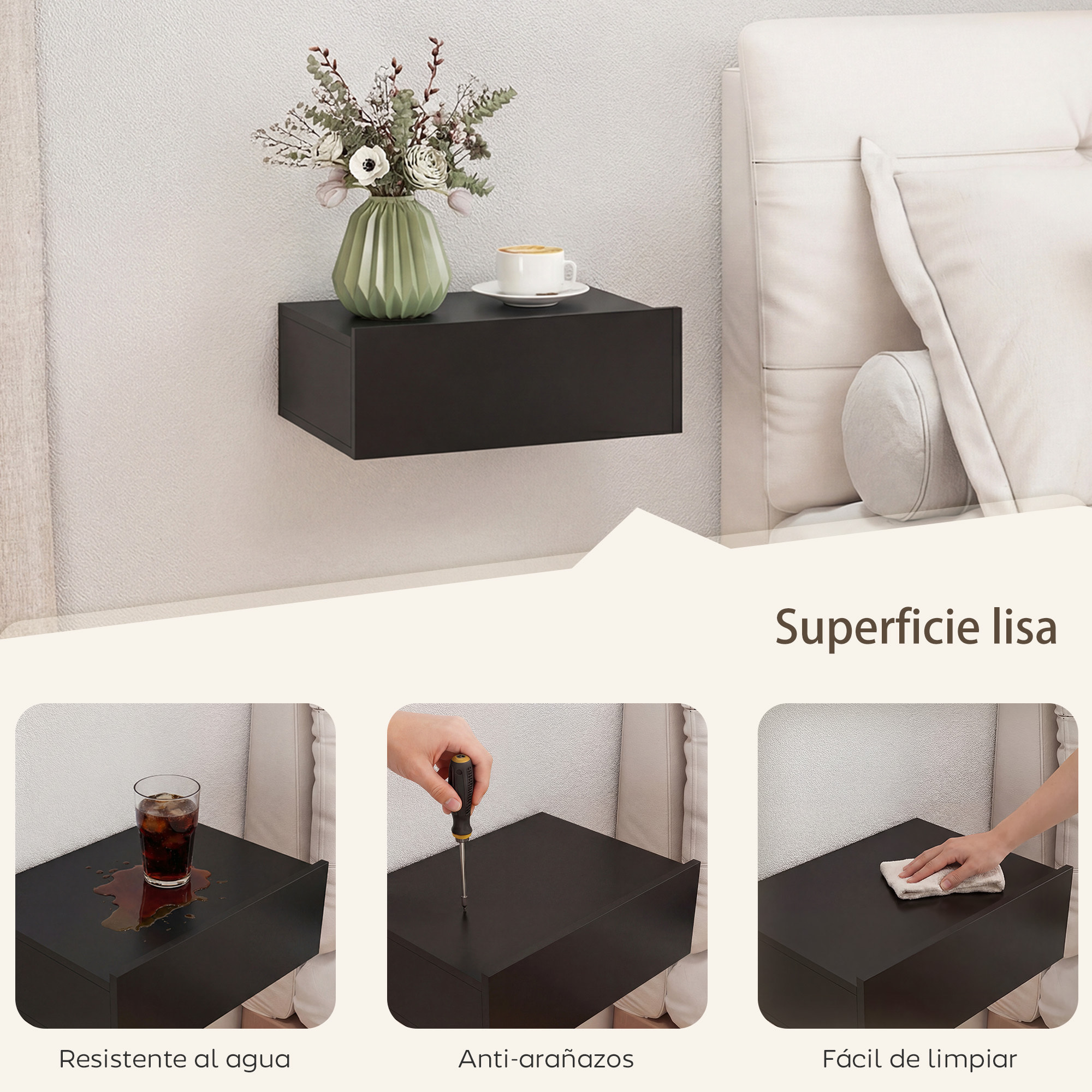 Set de 2 Mesillas de Noche de Pared, Mesitas de Noche Flotantes con 1 Cajón, Mesas Auxiliares para Dormitorio, Habitación Hogar, Diseño Sencillo, 40x30x15 cm, Negro