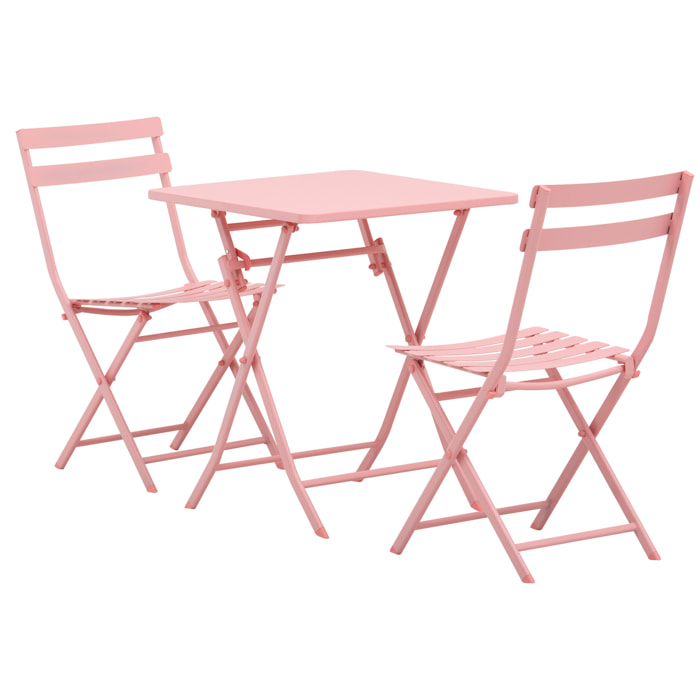 Salon de jardin bistro pliable - table carrée dim. 60L x 60l x 71H cm avec 2 chaises - métal thermolaqué rose