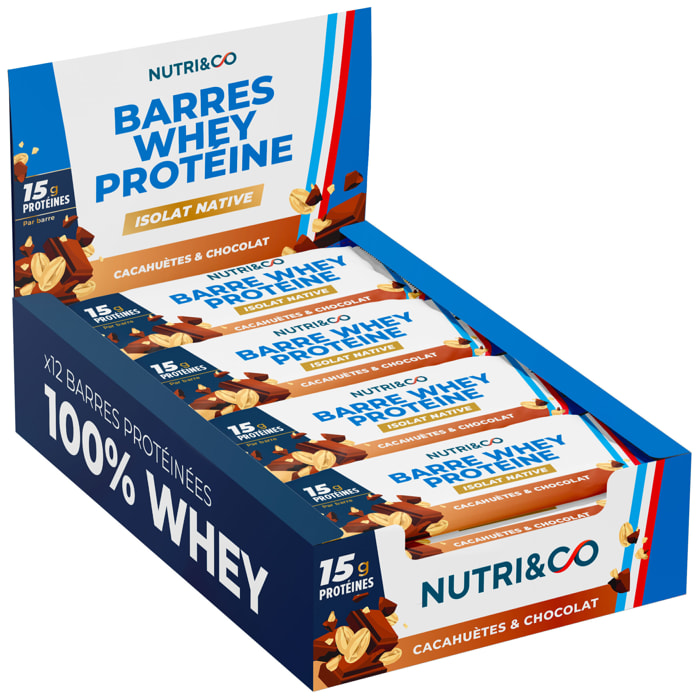Nutri&Co Barres Protéines Whey Isolat Native - 12 barres Goût Cacahuètes & Chocolat