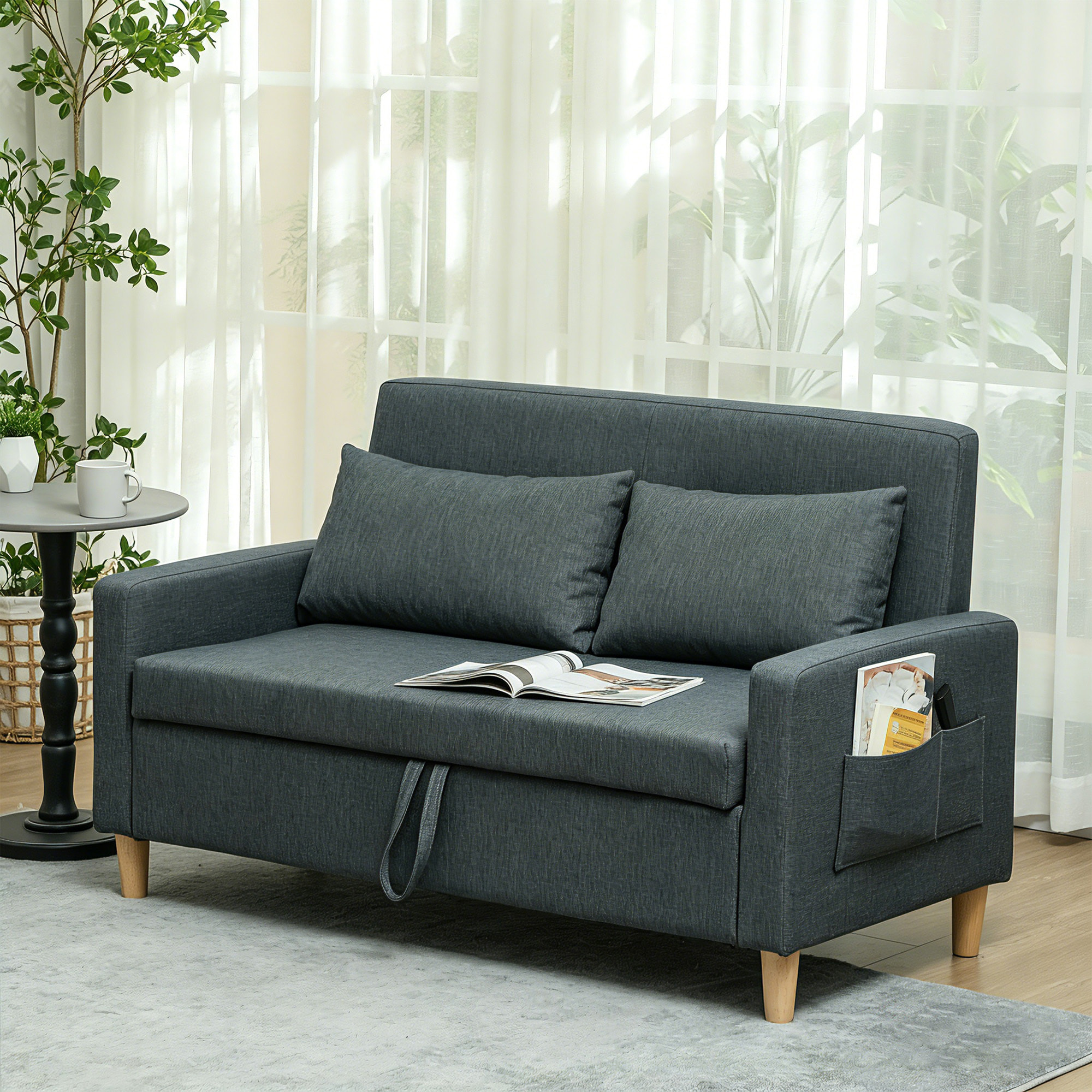 HOMCOM Sofá de 2 Plazas Tapizado en Lino Sintético con Espacio de Almacenamiento, Sofá Moderno con 2 Almohadas, Bolsillo y Patas de Madera, Carga 240 kg para Dormitorio, Salón 135x71x84 cm Gris Oscuro