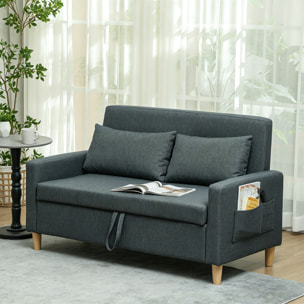 HOMCOM Sofá de 2 Plazas Tapizado en Lino Sintético con Espacio de Almacenamiento, Sofá Moderno con 2 Almohadas, Bolsillo y Patas de Madera, Carga 240 kg para Dormitorio, Salón 135x71x84 cm Gris Oscuro