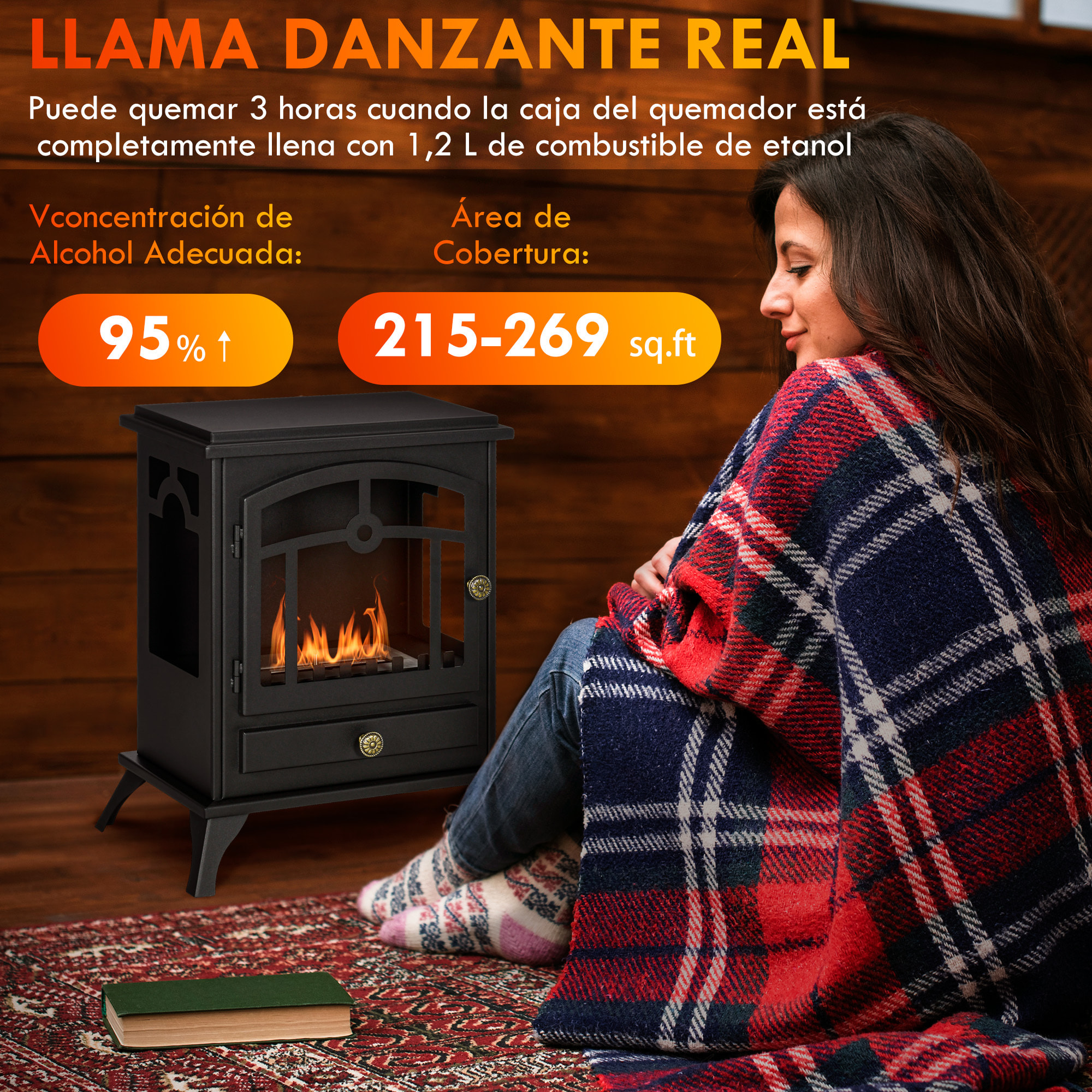 Chimenea de Bioetanol Estufa de Bioetanol de Pie con Tanque de 1,2 L Apagallamas de Acero Inoxidable Tiempo de Combustión 3H para Interiores 20-25 m² 45x28x54 cm Negro