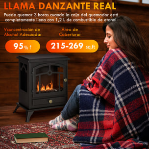 Chimenea de Bioetanol Estufa de Bioetanol de Pie con Tanque de 1,2 L Apagallamas de Acero Inoxidable Tiempo de Combustión 3H para Interiores 20-25 m² 45x28x54 cm Negro
