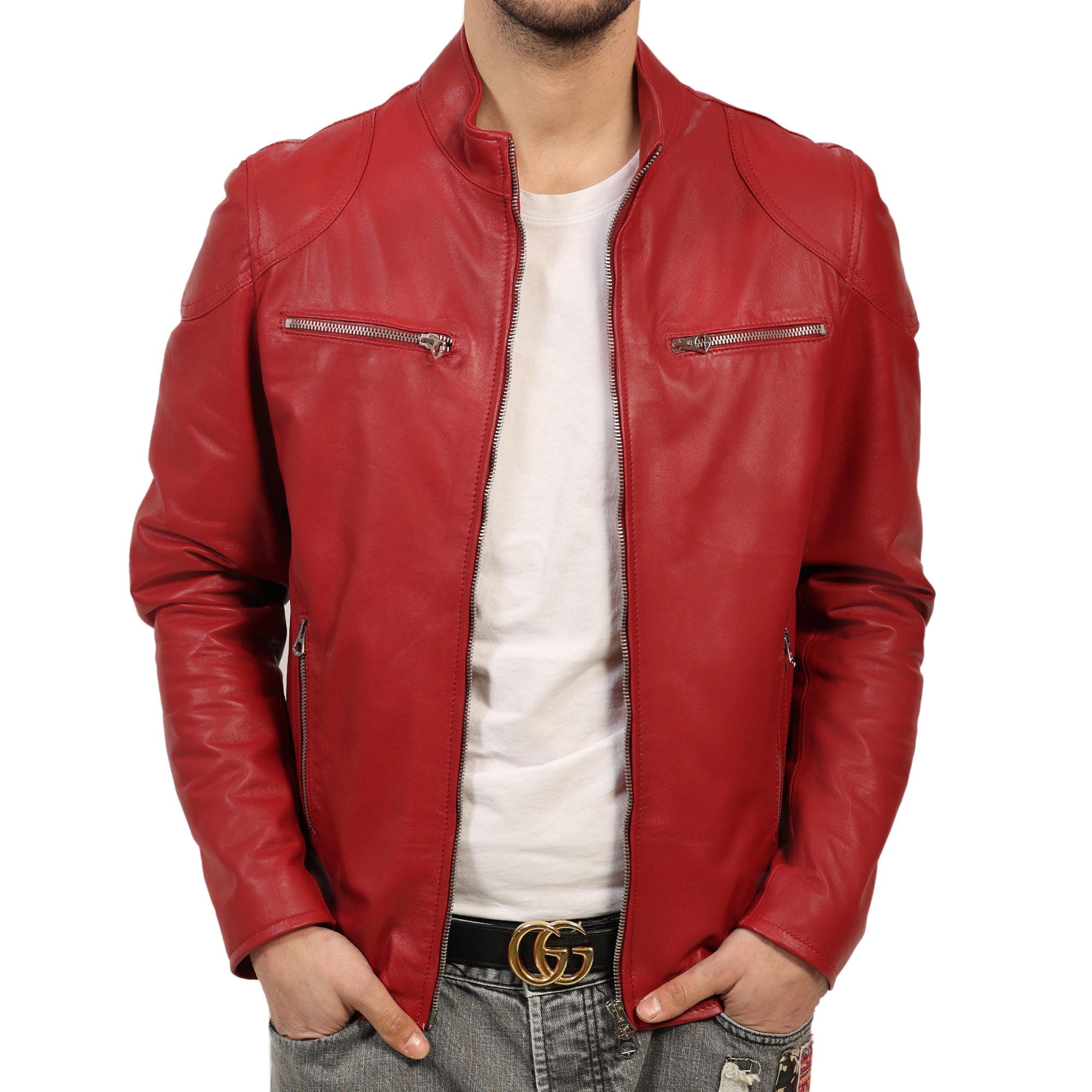 Giubbino in pelle di vitello nappa Marrone-Slim Fit