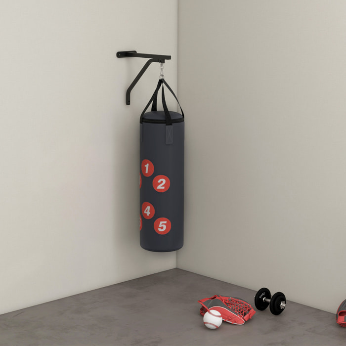 Sac de frappe boxe - support mural, crochet pivotant, gants, bandes inclus - à remplir - acier PU rouge gris