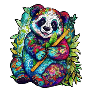 Puzzle de madera DIY forma de silueta. Con piezas individuales con diferentes diseños. En madera policromada. Tamaño A3 .DISEÑO PANDA BAMBOO.