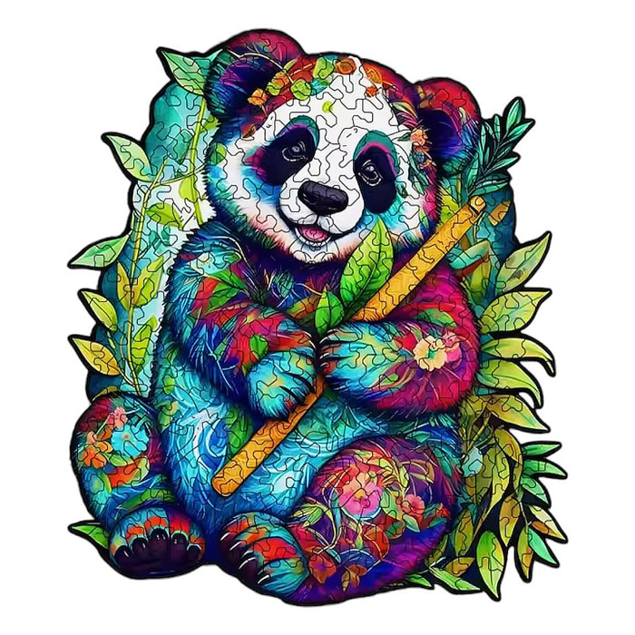 Puzzle de madera DIY forma de silueta. Con piezas individuales con diferentes diseños. En madera policromada. Tamaño A3 .DISEÑO PANDA BAMBOO.