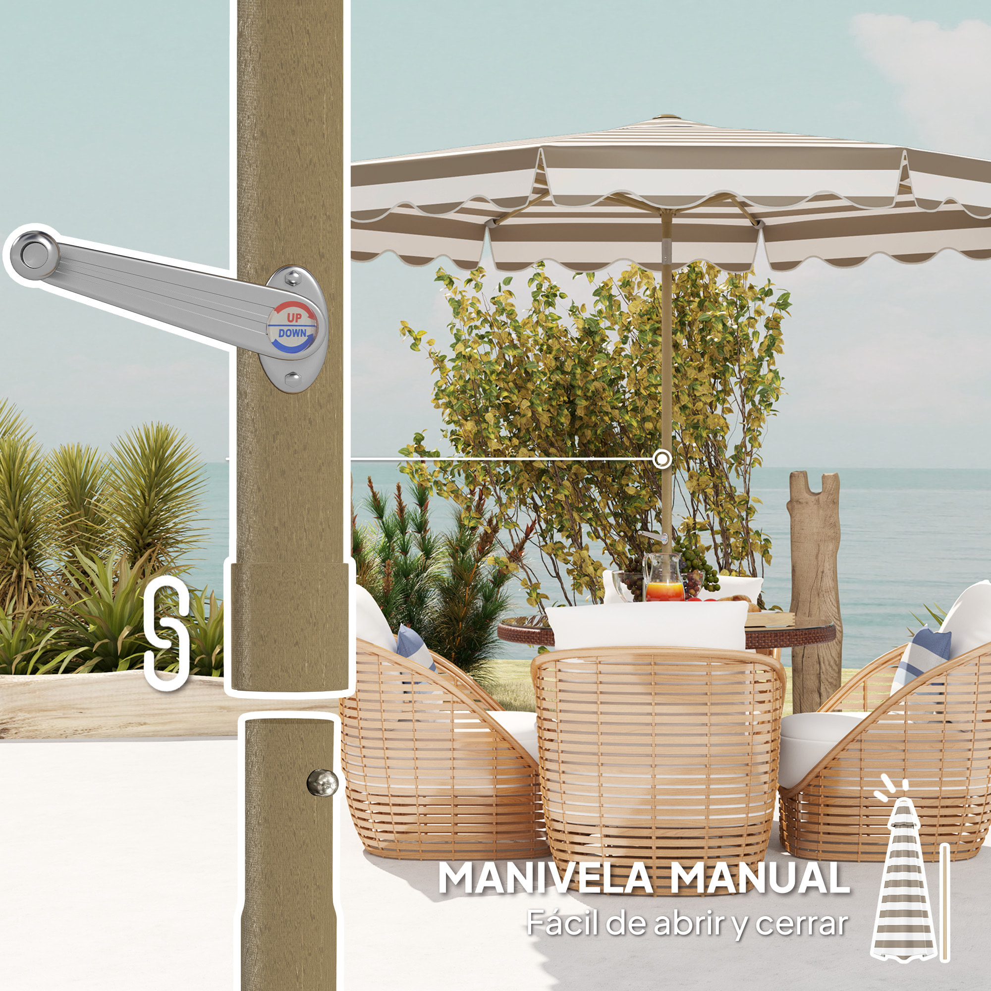 Sombrilla Terraza Exterior Ø268 cm Sombrilla de Jardín con Ángulo Inclinable y Manivela Protección UV 50+ Parasol para Patio Terraza Gris y Blanco