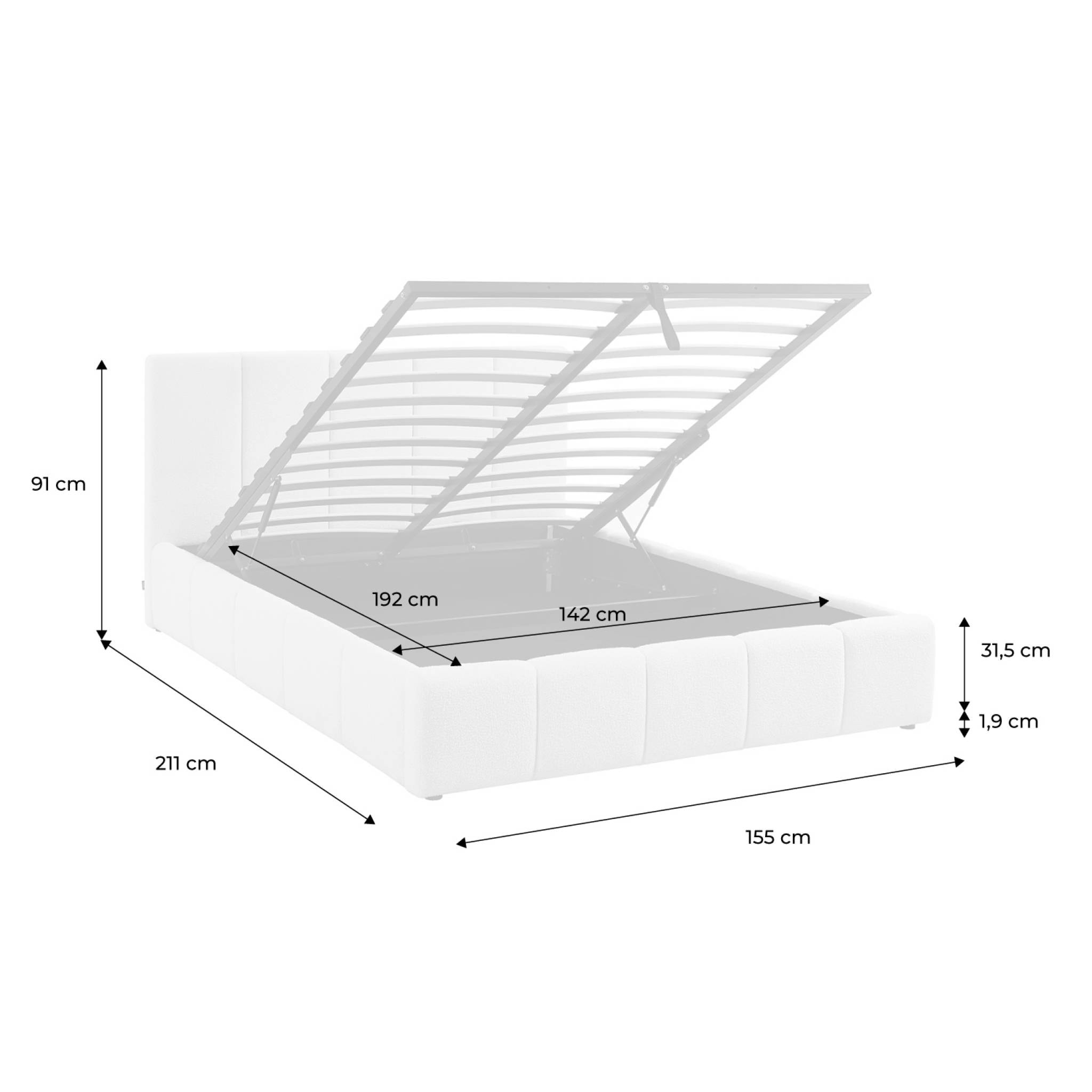Lit coffre double avec sommier à lattes et tête de lit blanc finition bouclette texturée 140x190cm- Lex