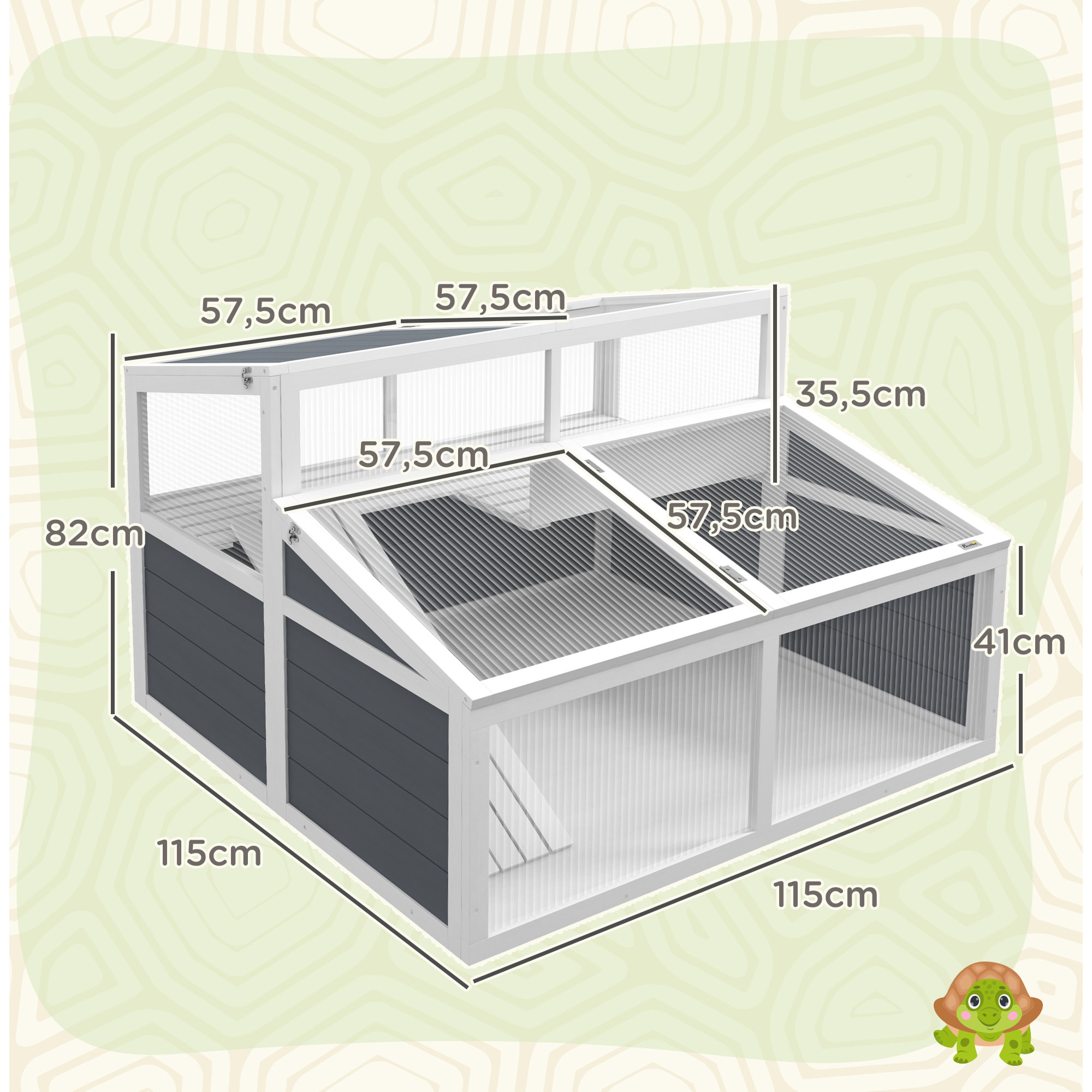 Terrarium enclos tortue 2 espaces toit polycarbonate 3 portes rampe bois gris blanc