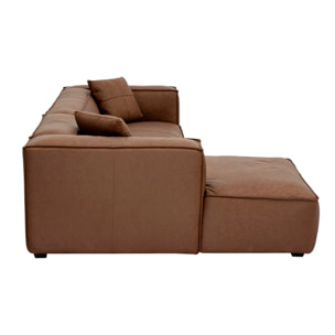 Canapé d'angle gauche vintage 4-5 places en cuir marron et bois noir COBAIN