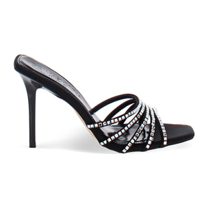 Mules punta abierta negras tacón 9 cm