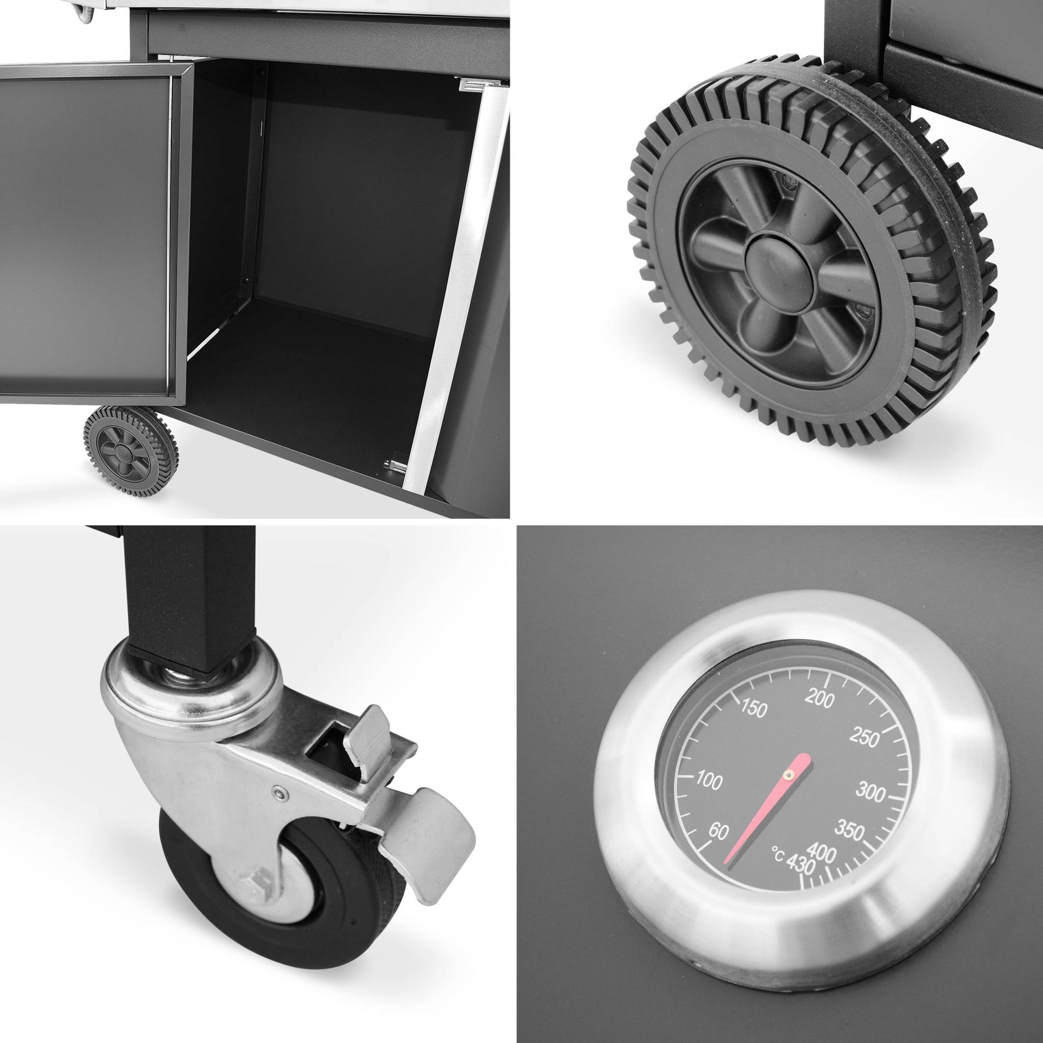 Barbecue au gaz - Bazin  Gris anthracite -  Cuisine extérieure 5 brûleurs dont 1 feu latéral avec tablettes et thermomètre. rangement. roues