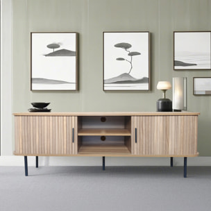 AMBON Meuble TV en bois cannelé à portes coulissantes 140cm