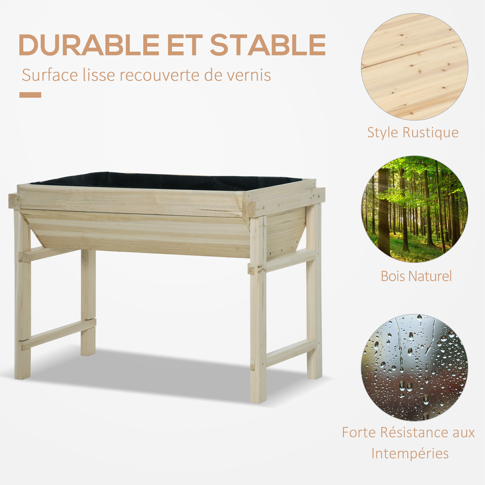 Jardinière sur pieds potager dim. 108,5L x 60l x 80H cm inserts d'irrigation + feutre de drainage inclus bois sapin