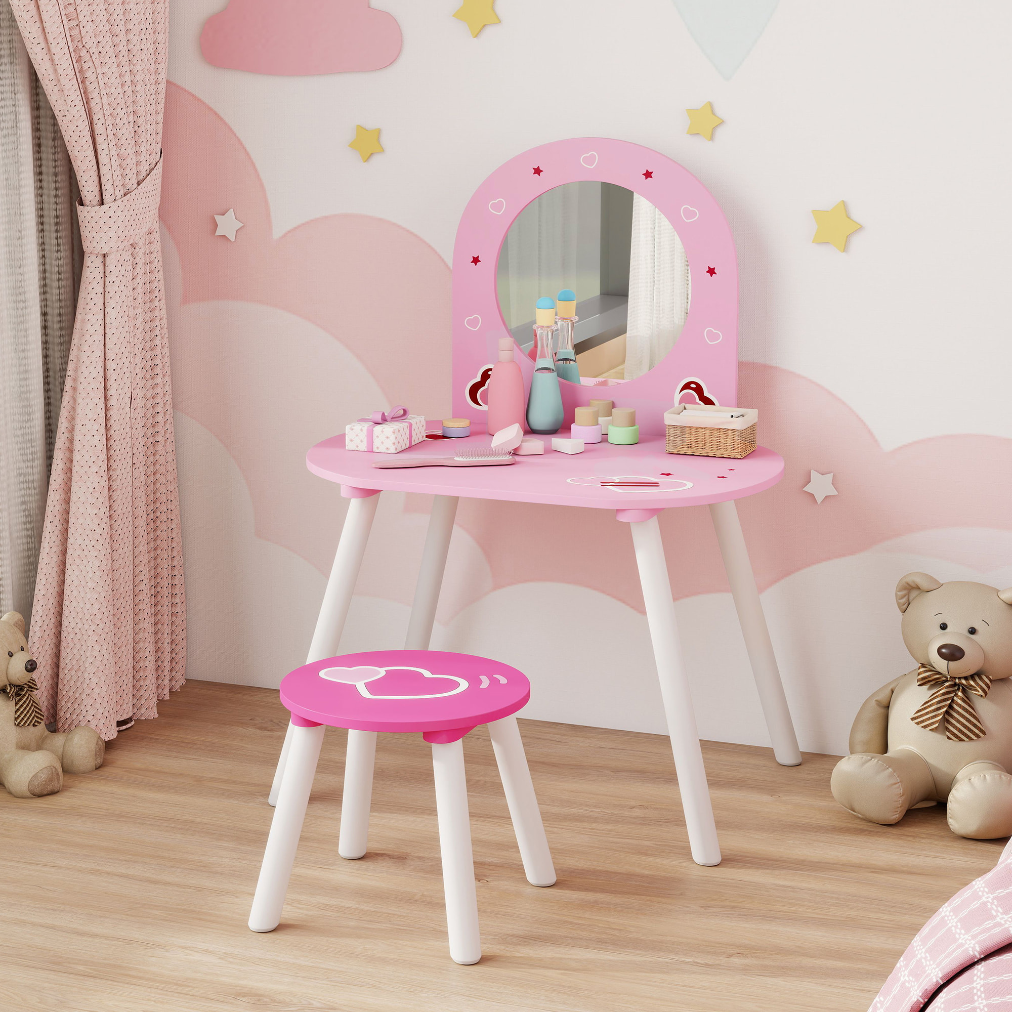 Tocador Infantil con Taburete y Espejo, Tocador para Niñas con Dibujos de Corazones, Mesa de Maquillaje para Niños y Niñas de 3-6 Años, Rosa