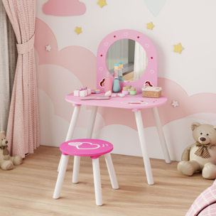 Tocador Infantil con Taburete y Espejo, Tocador para Niñas con Dibujos de Corazones, Mesa de Maquillaje para Niños y Niñas de 3-6 Años, Rosa