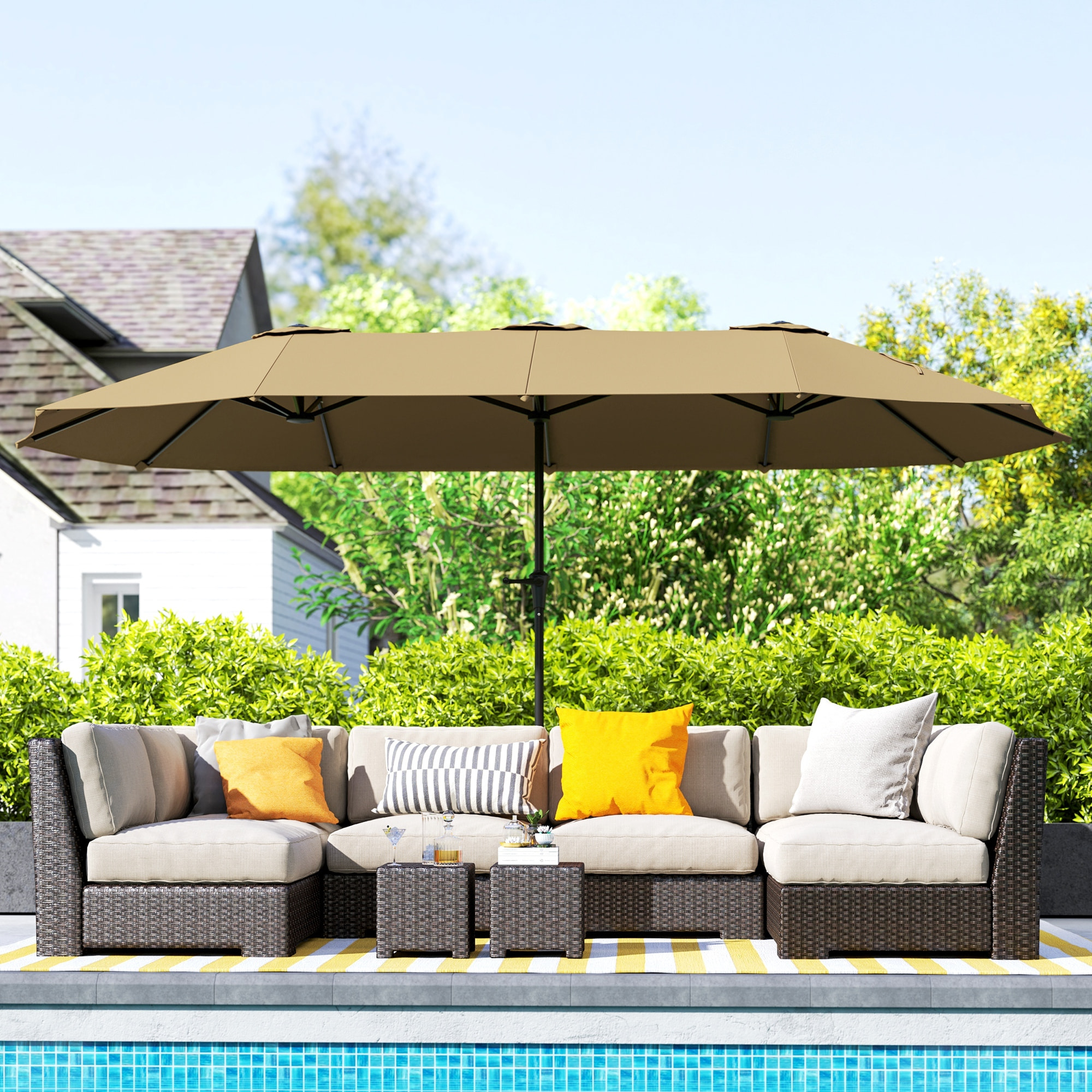 Sombrilla Doble 4x2,2 m Sombrilla Terraza Exterior con Manivela Manual Impermeable y Protección UV30+ Parasol Grande para Terraza Playa Piscina Café