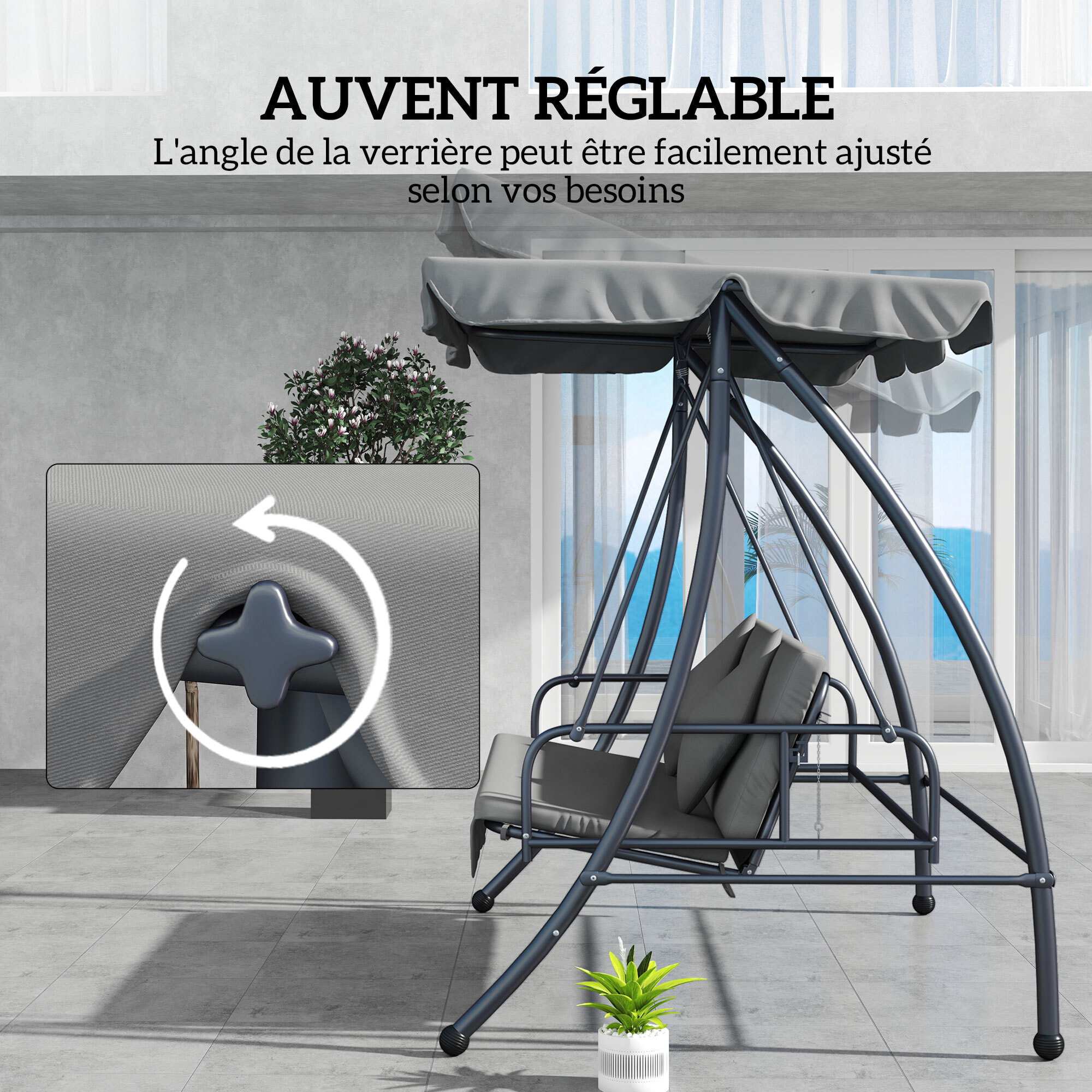 Balancelle de jardin convertible 3 places grand confort inclinaison toit réglable matelas fourni métal polyester gris clair