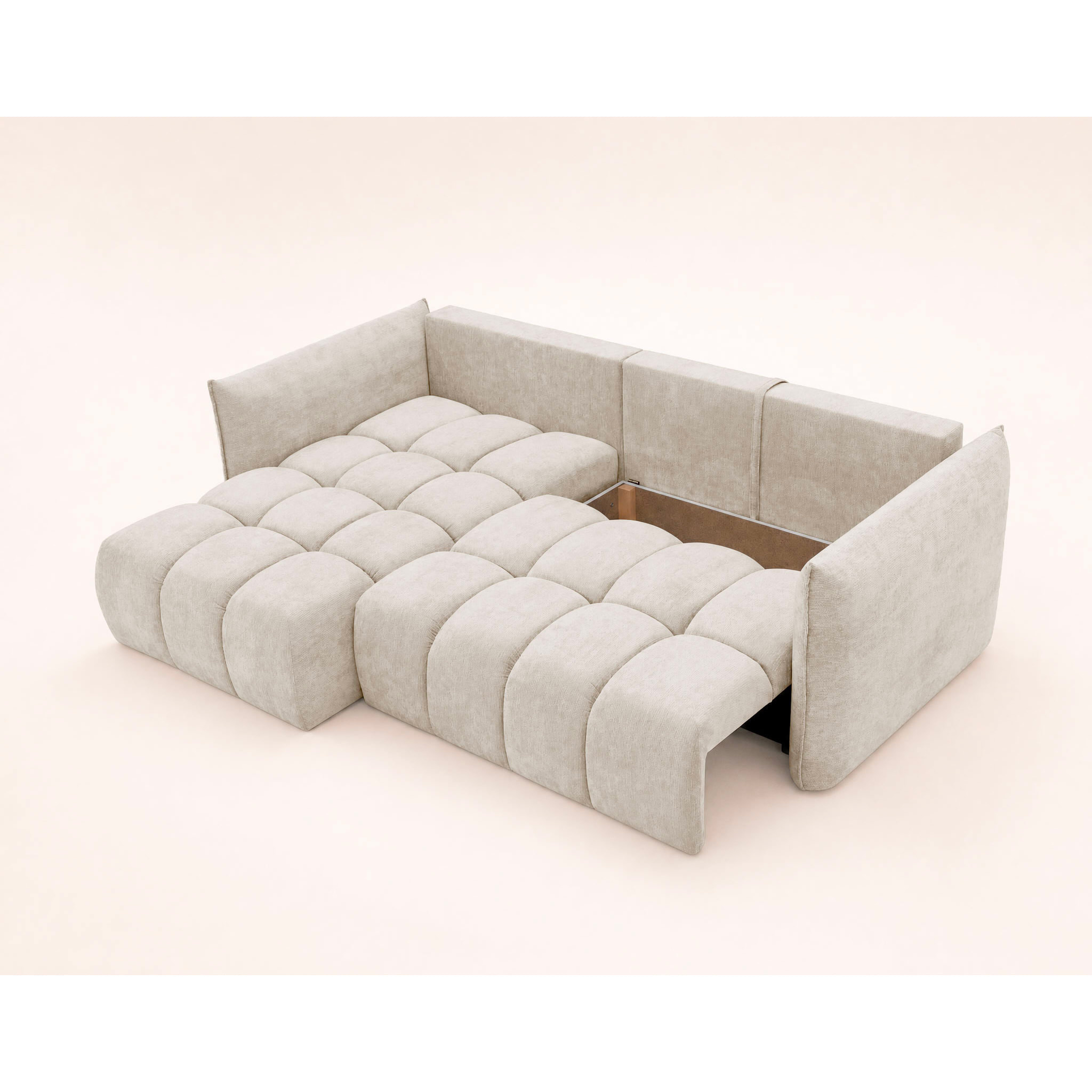 Ambroise - Canapé d'angle gauche 4 places convertible avec coffre en velours texturé - Beige