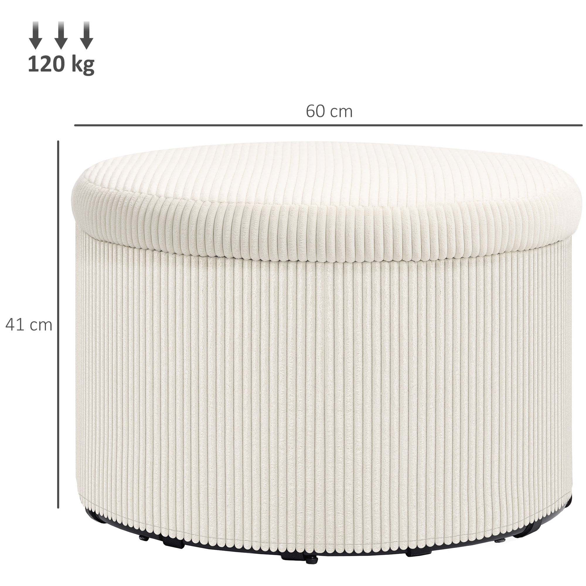 Pouf coffre velours côtelé 2 en 1 design rond dia. 60 cm beige