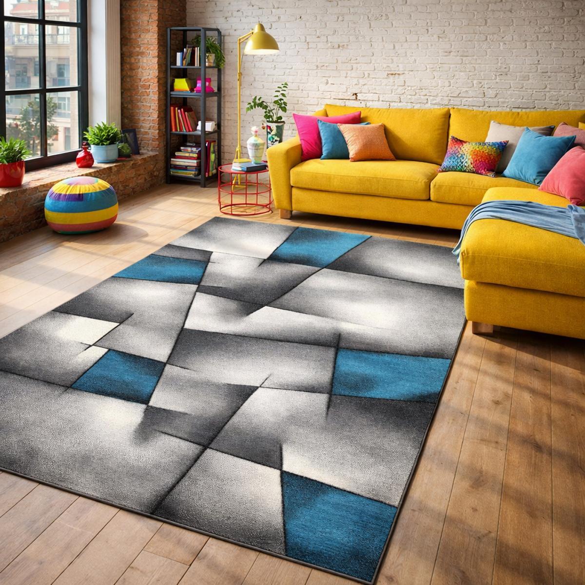 Tapis Rahi gris et bleu aux motifs géométriques