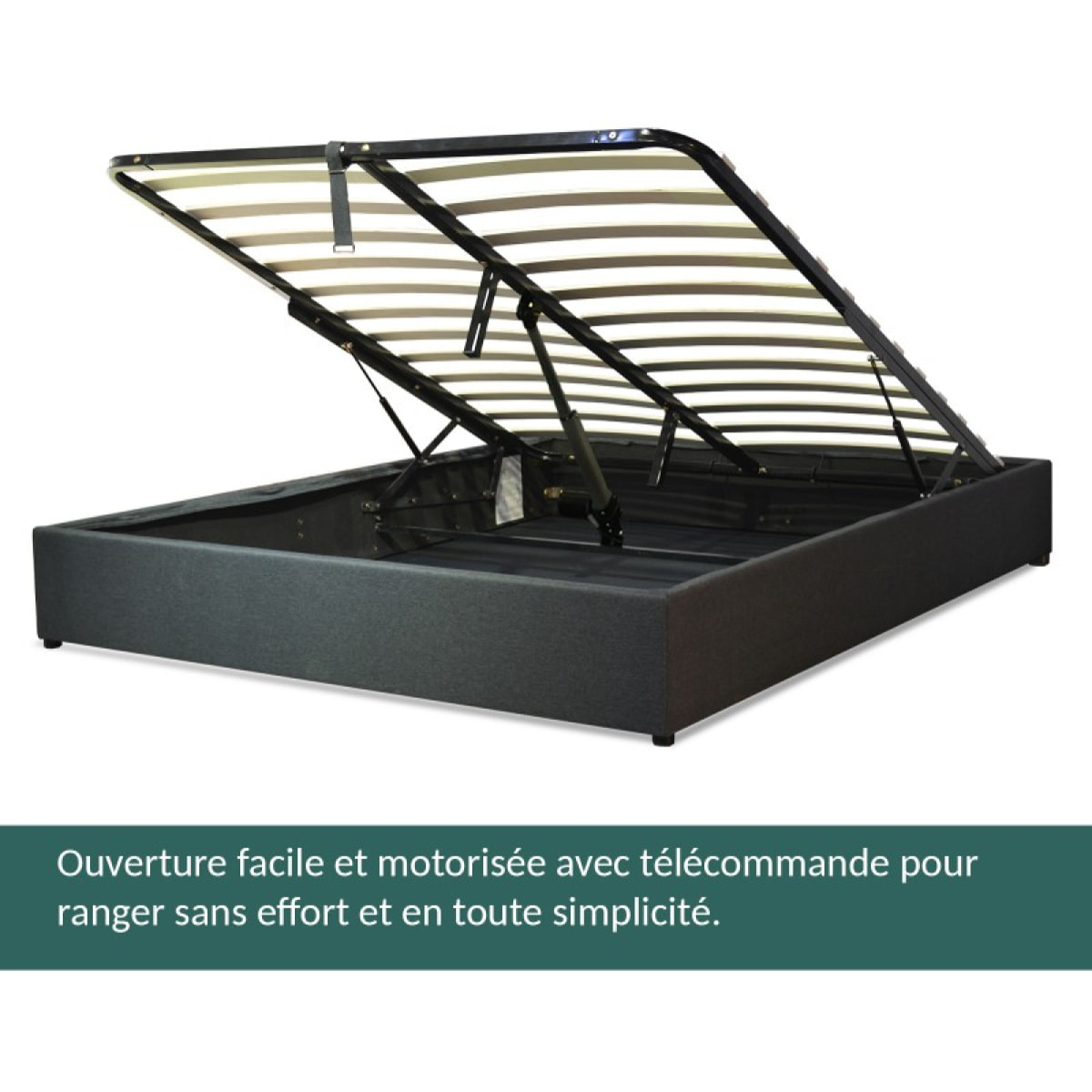 Lit coffre sommier relevable inventif gris | Ouverture à assistance électrique | Modele Futura Tissus | Grande capacite de stockage