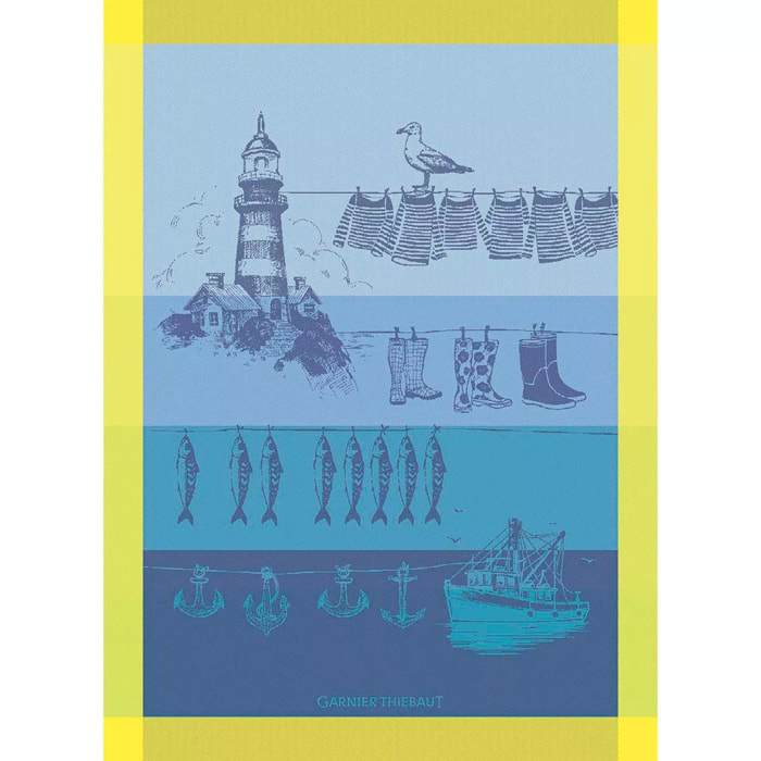 Torchon pur coton motif jacquard bleu jaune Destination mer cire