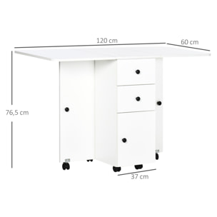 HOMCOM Mesa de Comedor Plegable con Ruedas Alas Abatibles 2 Cajones y Armario Mesa Auxiliar Multifuncional para Estudio Cocina 120x60x76,5 cm Blanco