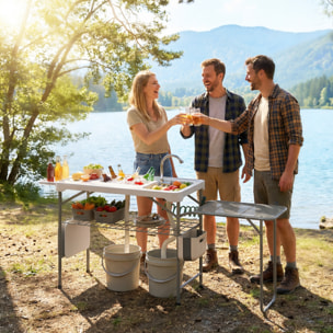 Mesa de Limpieza de Pescado Portátil, Mesa Plegable Camping con 2 Fregaderos, Grifo, Manguera, Estante Lateral, Rejilla, Cajón, Cesta, Regla, Ranuras, Estación de Limpieza para Pesca Barbacoa