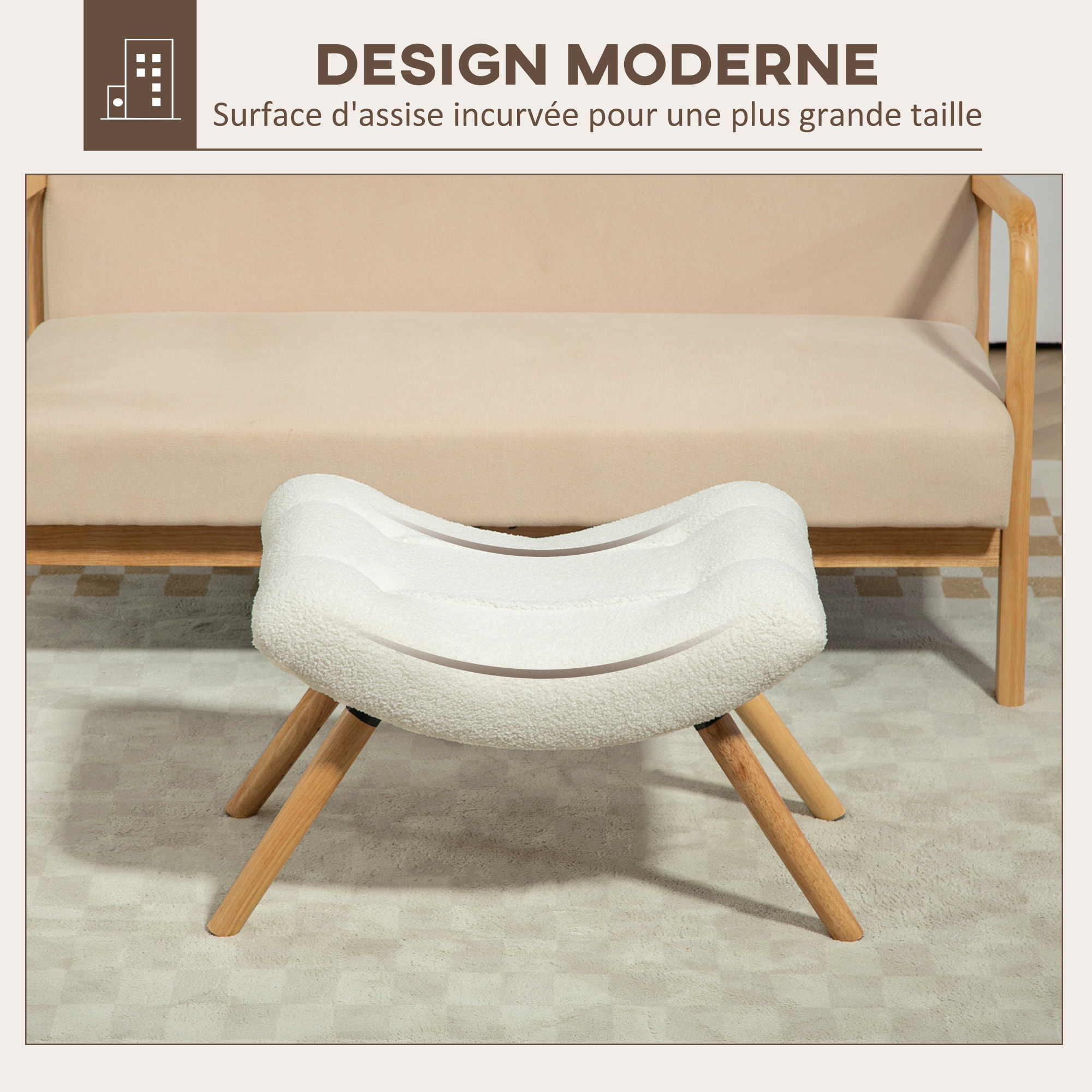 Pouf bouclette design scandinave - repose-pieds - piètement incliné bois assise courbée effet laine bouclée