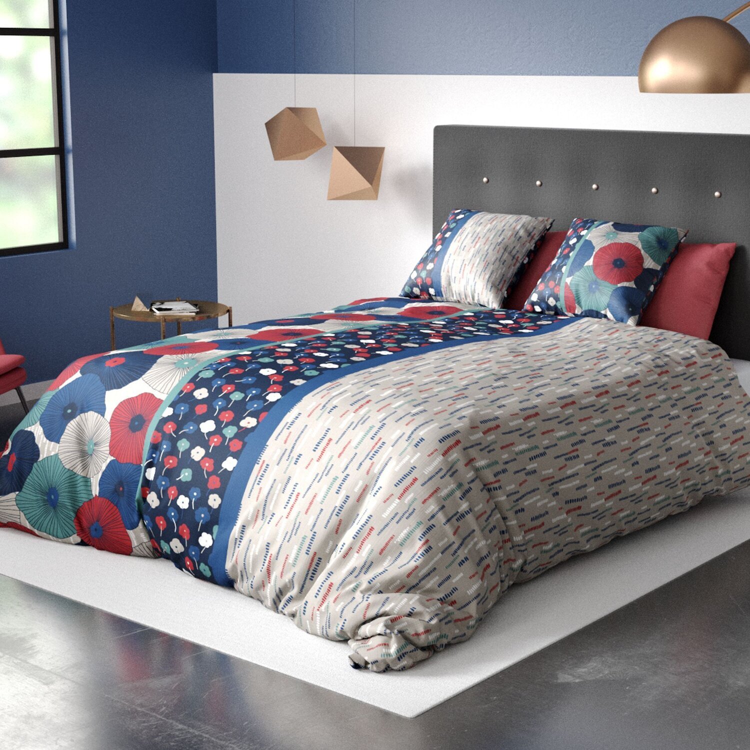 Parure housse de couette imprimé 100% coton - agueda - bleu